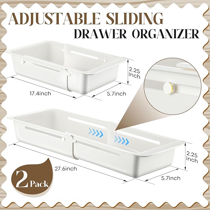 2 Pack Deep Drawer Organizer Bins, Sliding Drawer Organizer Bin Expandable and Adjustable Tray for Kitchen Utensils, BBQ Tools, Towels, Durable Plastic Sliding for Easy Storage(17.4-27.6")
