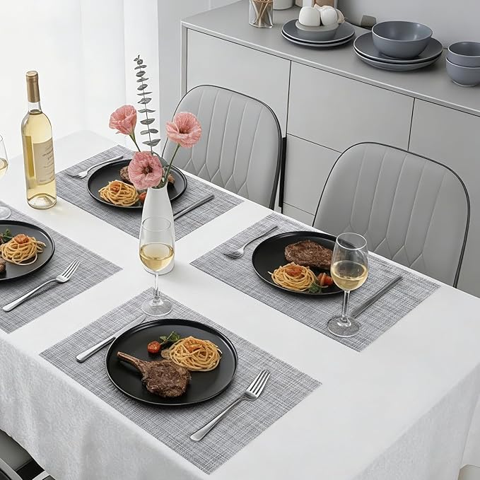 Timeet Placemats Set of 4, Heat Resistant Non-Slip Place Mats, Durable Washable PVC Vinyl Woven Table Mats, Linen Textured Table Placemats for Dining Kitchen Resistant Easy to Clean(Gray)