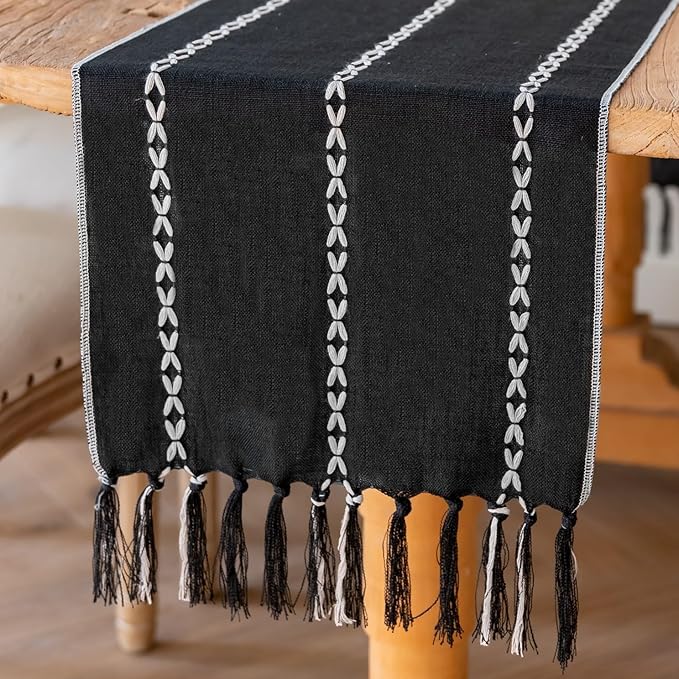 Niviy Black Table Runner 72 Inches Long, Black Christmas Decor Embroidered Striped Braided Boho Table Runner for Holiday Home Party Indoor Outdoor 12 x 72 Inch