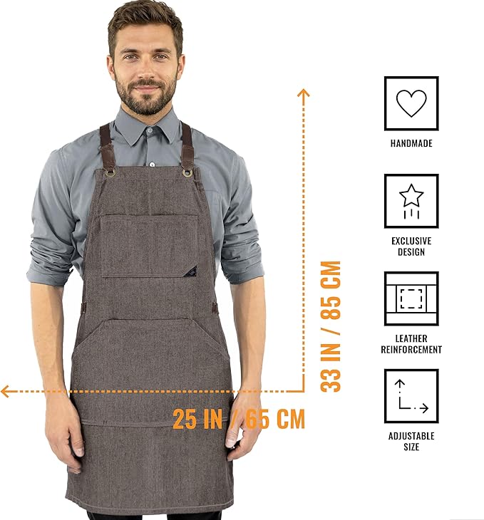 Under NY Sky Essential Beige Denim Apron – Cross-Back with Leather Reinforcement – Adjustable for Men and Women – Pro Chef, Tattoo Artist, Baker, Barista, Bartender, Server Aprons