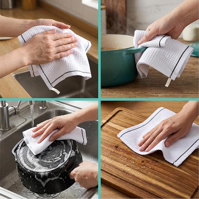 Kitchen Towels and Dishcloths Sets, 14 X 14 Inches, Absorbent Dish Towels for Kitchen, Microfiber Cleaning Cloth, Dish Cloths for Washing Dishes, Waffle Kitchen Towels (White, 14" x 14")