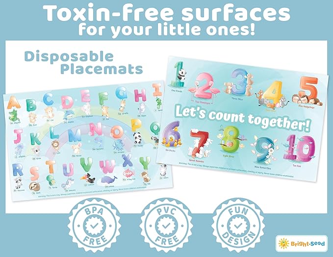Bright Seed Disposable Placemats for Baby, Toddlers and Kids, 40 Disposable Baby Placemats for Restaurant, Dining Table & Travel, Learning Placemats for Kids, Toddler Travel, Animals ABC & Numbers
