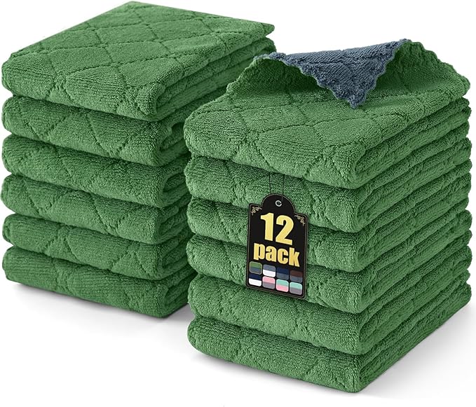 Mordimy 12 Pack Kitchen Towels (20" x 10", Dark Grey & Grass Green), Super Soft and Absorbent Dish Towels, Coral Velvet Microfiber Cleaning Cloth, Nonstick Oil Fast Dry Dish Cloths