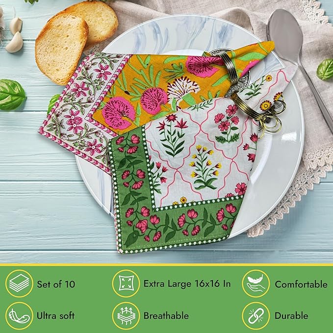 DIYANAIMPEX 10 Pc Cotton Cloth Napkins Hand Block Print Hand Made Size 16x16 Inch Printed Home Decor Indian Eco Friendly Mix Lot Dinner Napkins (Multiborder)