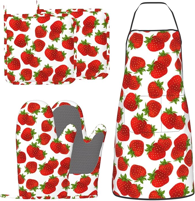 Cute Strawberry Oven Mitts Strawberries Pot Holders Cooking Apron Set of 5 Silicone Strawberry Kitchen Glove Apron Non-Slip Heat Resistant for Chef Baking Cooking Grilling BBQ