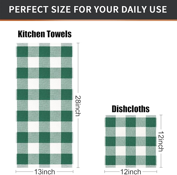 Mordimy Kitchen Towels and Dish Cloths Set, 28 X 13 Inch and 12 X 12 Inch, Set of 8 Soft and Super Absorbent Dish Towels for Drying Dishes, Dark Green & White