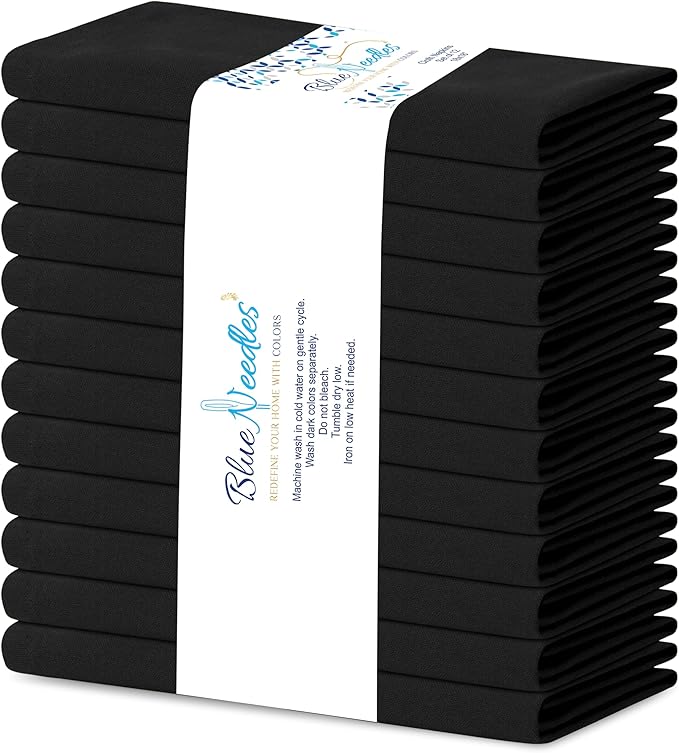 Blue Needles Solid Cloth Napkins Set of 12 Black 100% Cotton Dinner Napkins 18x18 inches - Soft, Reusable, Absorbent & Washable Linen, Ideal for Spring Summer Easter Events Parties & Everyday Use