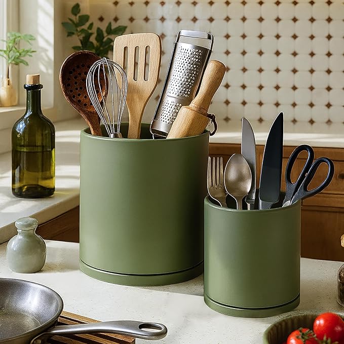 D'vine Dev 360° Rotating Utensil Holder Set – 7.2"+5" Kitchen Utensil Crocks for Countertop, Modern Cooking Tool Organizers for Kitchen Storage +Décor, Olive, Set of 2, 72-Z-C-1