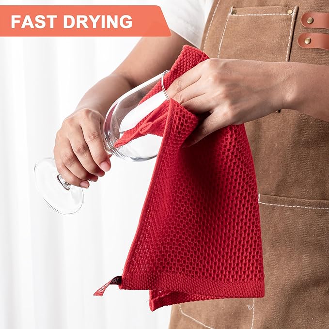 BOOMIBOO 6-Pack Kitchen Dish Cloths, 100% Cotton Waffle Weave, Ultra Soft Absorbent, Quick Drying Dish Towels, 12x12 Inches,Red