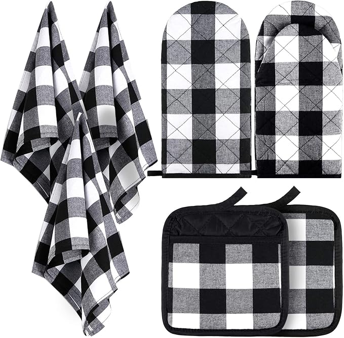 7 Pieces Buffalo Check Dish Towels Pot Holders Oven Mitts Set Cotton Plaid Kitchen Dish Towels Non-Slip Heat Resistant Oven Mitts and Pot Holders for Cooking Baking Grilling Supply (Black with White)