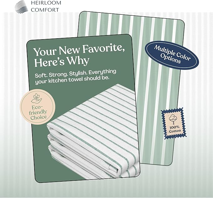 Sea Green Striped Kitchen Dish Towels (12-Pack), Quick Dry, Ultra Absorbent & Durable, 100% Cotton Classic Stripe Towels for Drying Dishes, Wiping, and Daily Kitchen Cleanup