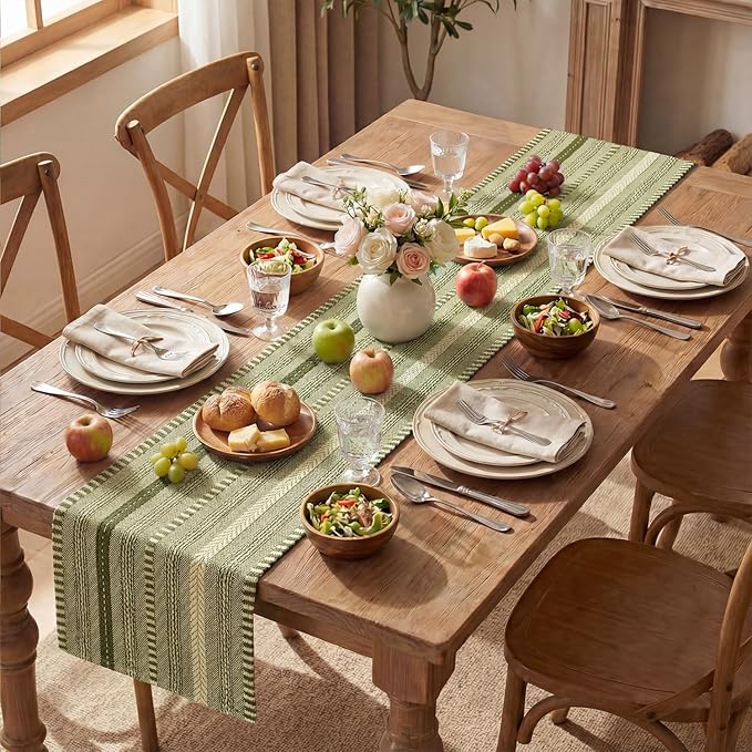 Artoid Mode Army Green Farmhouse Woven Table Runner, Seasonal Holiday Rustic Kitchen Dining Table Decoration for Home Party Decor 12x108 Inch