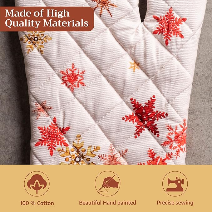 Maison d' Hermine Oven Gloves 100% Cotton Oven Mitt 7" x 13" with Loop Heat Resistant BBQ Cooking Gloves for Thanksgiving Christmas Decorations Baking Handling Hot Pans (Pack of 1, Crystal Star)