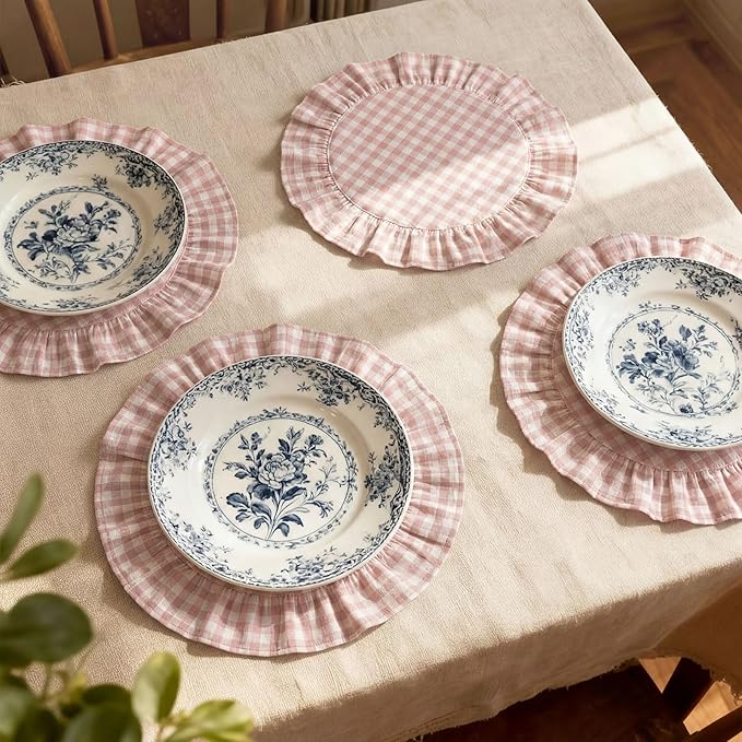 4 Pcs 15 Inch 100% Cotton Scalloped Round Placemats, Thin Light Pink Gingham Place Mats with Ruffle, Washable Placemats Table Mats for Kitchen Dining Holiday Gatherings Decor