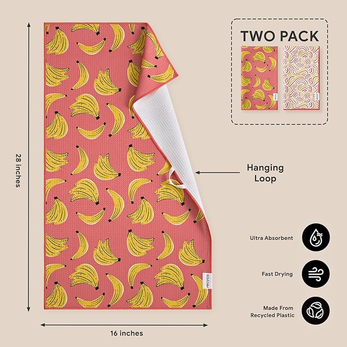 RECYCO Waffle Kitchen Towel Set of 2 - Quick Dry Microfiber Sustainable Dish Towels - Ultra Absorbent Reusable Cleaning Tea Towels - Lightweight Hand Towels,16”x 28”, Banana Joy