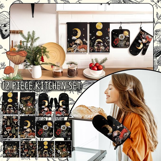 12 Pcs Black Witchy Kitchen Decor Set 4 Mushroom Kitchentowels 4 Absorbent Dishcloths 2 Sun Moon Star Oven Mitts Gloves 2 Butterfly Rustic Pot Holders Sets for Home Decorations Mom Gifts