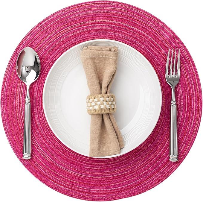 Round Placemats Set of 4 Woven Placemats Washable Braided Table Mats for Dining Table Heat Resistant Non-Slip Circle Place Mats(Pink)