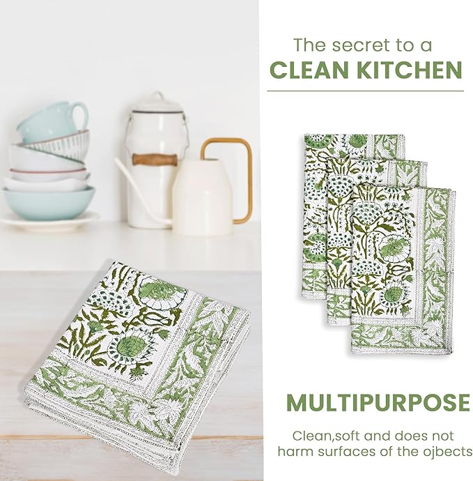 CPC Agate Green Hand Block Print Waffle Kitchen Towel Set of 3-16 x 28 Inch Ultra Absorbent Quick Dry Cotton Dish Towels Lightweight Reusable Sustainable Tea Towels for Cleaning and Drying