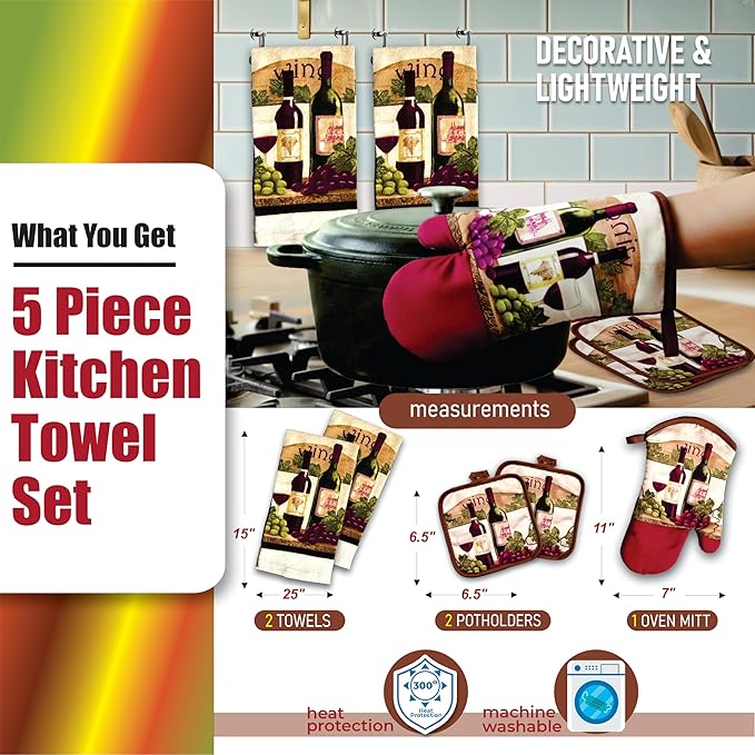 Lobyn Value Packs - Wine Lover’s Kitchen Grape & Wine Bottle Motif, 5 Piece Kitchen Towel Set with 2 Decorative Dish Towels (25 X15), 1 Oven Mitt (11 X 7) and 2 Potholders (6.5 X 6.5)