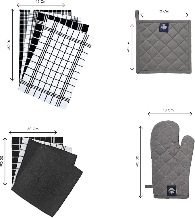 Encasa XO Kitchen and Dish Towels - Oven Mitts - Pot Holder Set of 12 Pc - Pure Cotton - Dishcloths Grey Combo