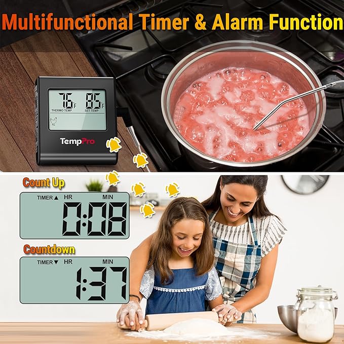 TempPro TP16 Large LCD Digital Meat Thermometer for Cooking, Smoking, Grilling, BBQ Food Temperature Indicator with Clock Timer and Stainless Steel Probe, Black(Previously ThermoPro)