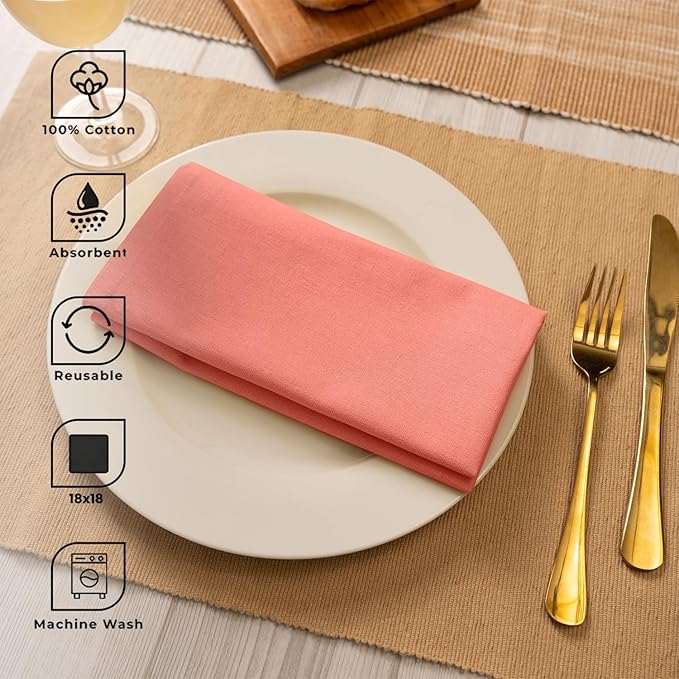 Blue Needles Solid Cloth Napkins Set of 12 Salmon 100% Cotton Dinner Napkins 18x18 inches - Spring Summer Easter - Soft, Reusable, Absorbent & Washable Linen, Ideal for Events Parties & Everyday Use