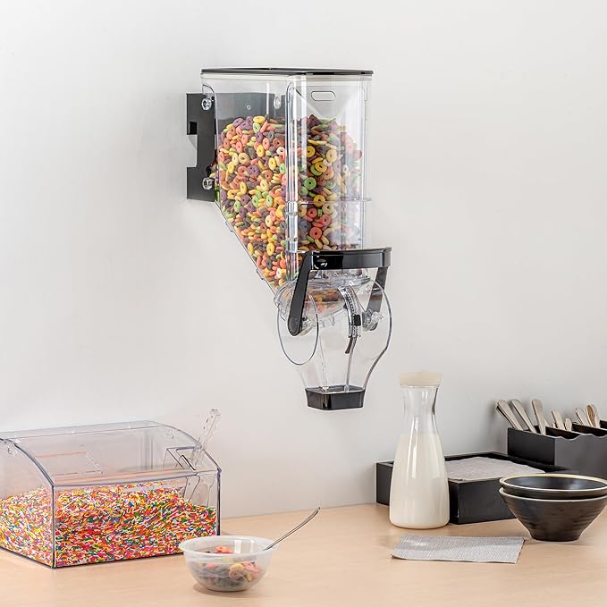 Restaurantware Cereal Dispenser 3.5 gal Plastic Wall-Mounted Gravity Bin Candy Dispenser Self-Serve Black Dry Food with Wall Mount Brackets for Breakfast Buffet or Hotel Use