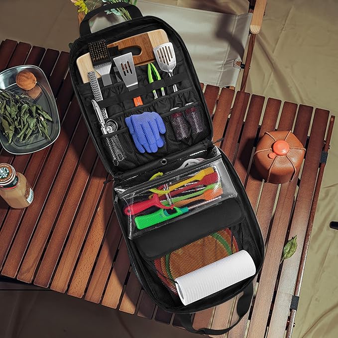 HODRANT Hanging Camp Utensil Organizer with Towel Paper Holder, Portable Camping Kitchen Cookware Bag for Knives, Forks, Spoons & More, Outdoor Cooking Tools Storage Box for Travel & Hiking, Bag Only