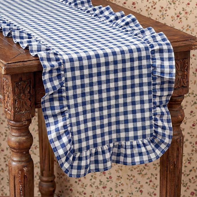 HunnmingRe 1 Pcs Navy Blue Plaid Gingham Ruffle Table Runner 118 x 13.8'' Farmhouse Table Runner 100% Cotton Scalloped Long Dresser Scarves for Dining Room, Wedding, Kitchen Rustic Home Decor