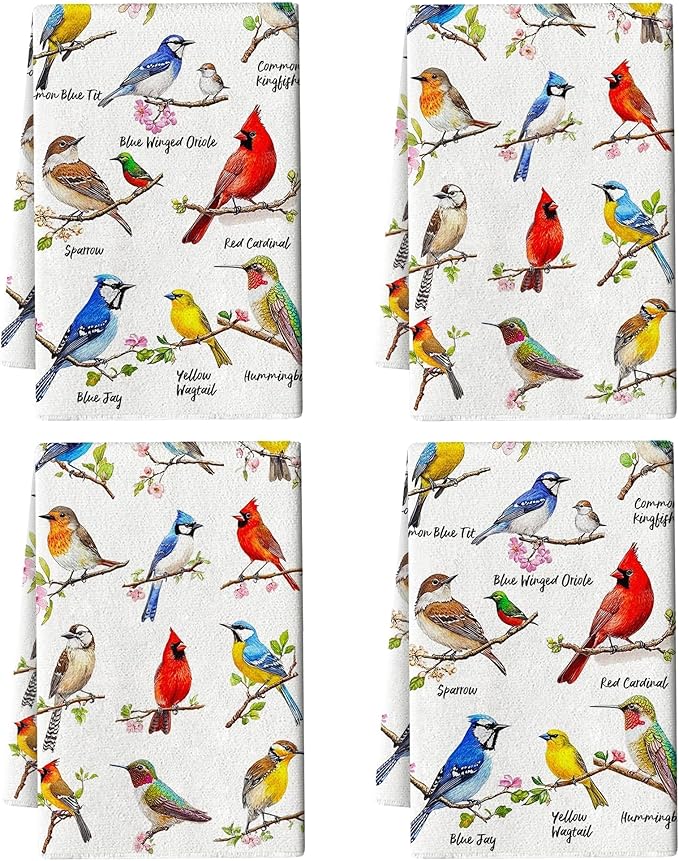 Birds on Branch Kitchen Towels Decorative Set of 4, Absorbent Cardinal Hummingbird Dish Towels for Cooking Baking, Bird Gifts for Bird Lovers Women, Hand & Tea Towel for Kitchen Bar Christmas Decor