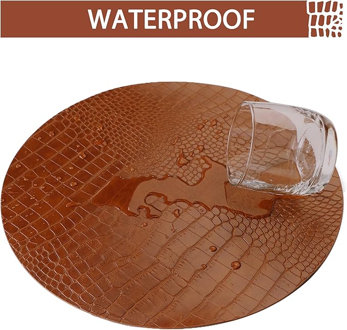Round Leather Placemats for Round Tables Set of 8, Brown Table Place Mats and Coasters, Washable Easy to Care for Indoor Decor 13" Diameter