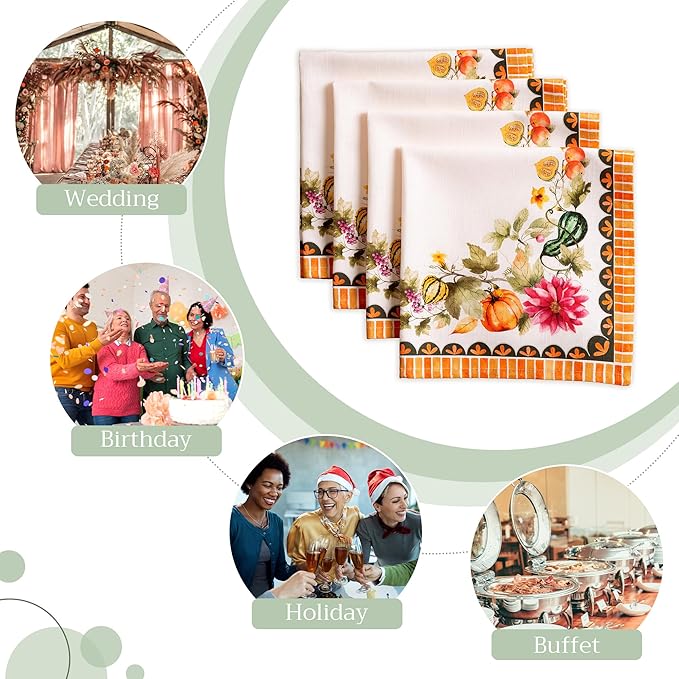 Maison d' Hermine Cloth Napkins Set of 4 100% Cotton for Thanksgiving Christmas Decorations Everyday Reusable Square Fall Napkins Cloth Washable Dinner Party (Pumpkin Garden - Cloudy Cream, 20"x20")