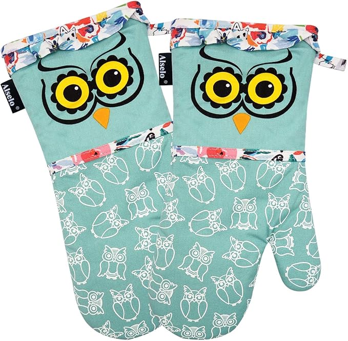 Alselo Oven Mitts, Heat Resistant with Soft Quilted Cotton Lining Set of 2, Fashion Animal Design with Silicone Printing Anti-Slip Kitchen Gloves for Safe Backing Cooking Barbecue (Green 2)
