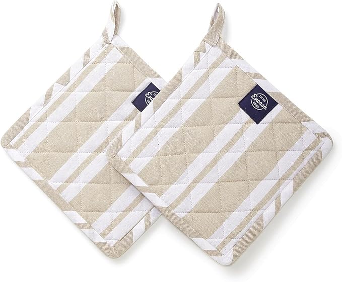 Encasa XO 8 inches Oven Microwave Potholders (2 pc Set) for Kitchen Cooking & Baking - Heat Resistant, Thick & Safe, Protection of Hands from Hot Utensils - Franca Beige Stripes