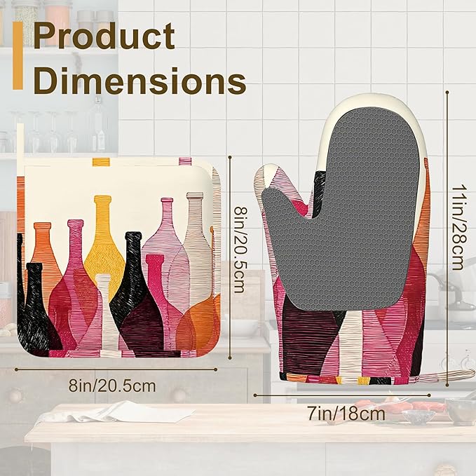Red Wine Bottle Oven Mitts and Pot Holders Sets,Silicone Kitchen Mitts Potholders Heat Resistant 4Pcs Oven Gloves Hot Pads for Kitchen Baking Cooking