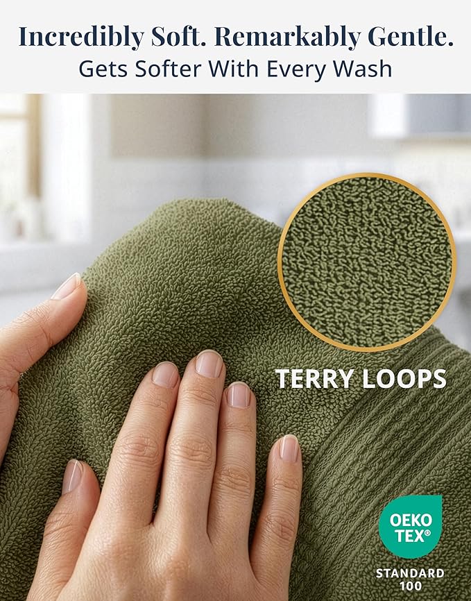 LANE LINEN Bath Hand Towels for Bathroom - 4 Pack (16" x 28"), 100% Cotton Hand & Face Towels Set - Soft, Prevent Fraying & Machine Washable - Everyday Family Towel, Gets Softer Each Wash - Oil Green