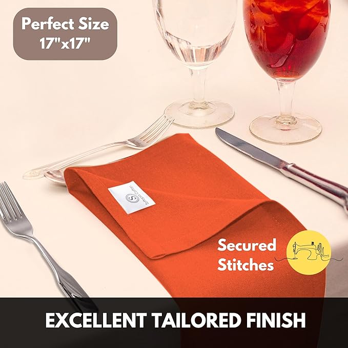Cloth Napkin 100% Cotton 17"x17" Decorative Washable Table Napkins Set of 12 for Dining, Holidays, Buffet Parties & Wedding Use - Orange