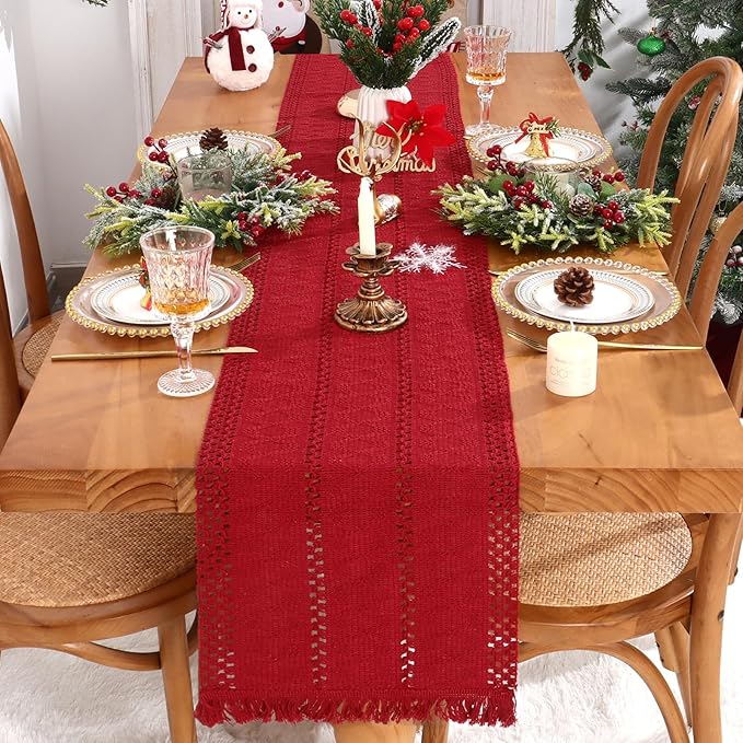 Alynsehom Macrame Table Runner Christmas Red Boho Table Runners with Tassels Hand Woven Cotton Table Runner Rustic Farmhouse Table Runners for Xmas Kitchen Dining Table(12x71in)
