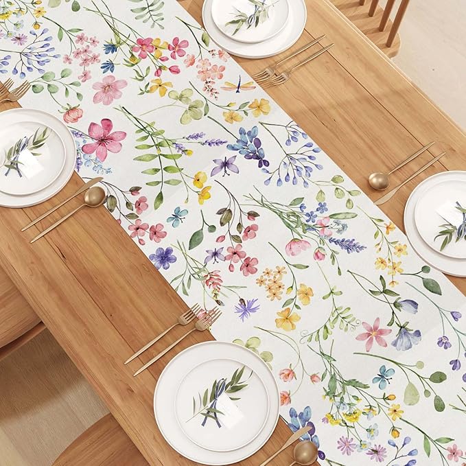 Watercolor Flowers Spring Table Runner Farmhouse Spring Summer Easter Flower Floral Home Kitchen Dining Room Table Decorations 13x60 Inch