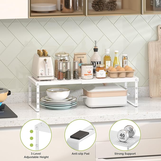 RUILALIFE Expandable Cabinet Organizer Shelf With Adjustable Height, Stackable Kitchen Countertop Organizer Rack, Adjustable Shelf Riser For Kitchen Counter, Pantry, Cupboard, Desk, Tabletop