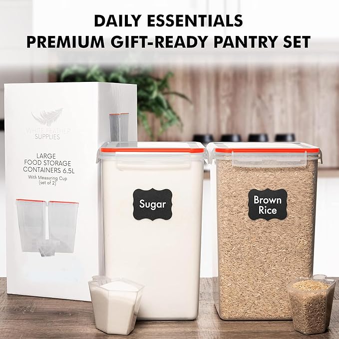 WHITE FEATHER SUPPLIES 2 PC [6.5L / 220 Oz] Large Flour Sugar Storage Containers - Leak Proof, BPA Free, Clear Plastic Food Storage Containers with Lids Airtight - Bulk Storage for Kitchen and Pantry