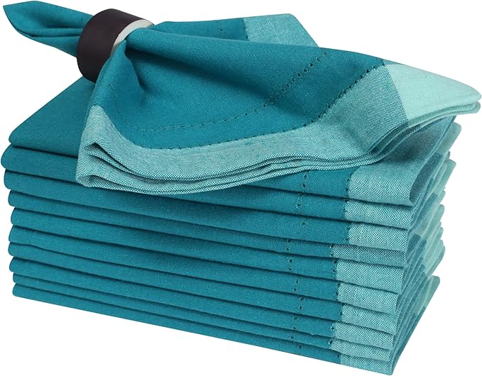 Bedding Craft Cotton Cloth Dinner Napkins Set of 12 – 20x20 Teal Multi Double Hemstitched – Machine Washable Reusable Fabric Napkins for Weddings & Dinner Tables