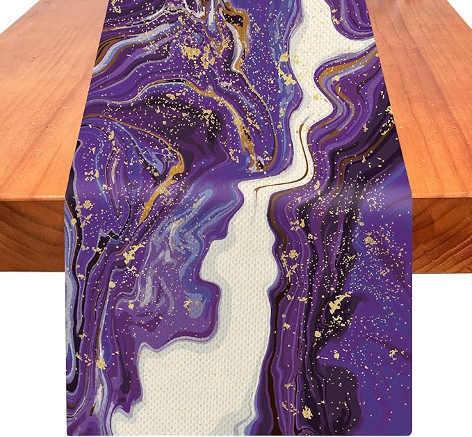 Marble Table Runner 72 Inches Long, Purple Golden Marble Texture Table Runner Dresser Scarves, Rustic Burlap Dining Room Table Decor for Kitchen Wedding Farmhouse Indoor Outdoor Home Party