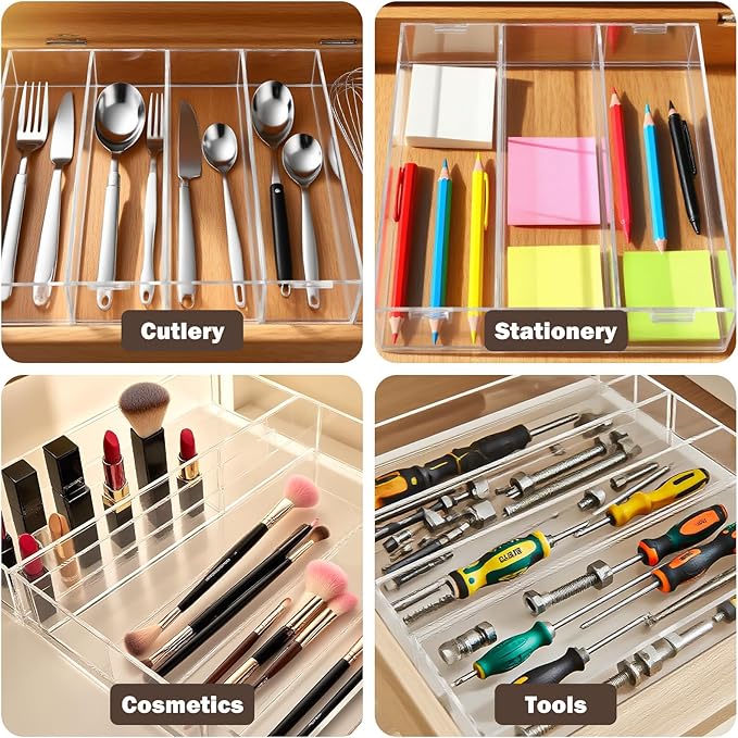 Acrylic Drawer Organizer for Cooking Utensils - Expandable Kitchen Storage for Large Utensils, Adjustable Drawer Dividers (Clear)