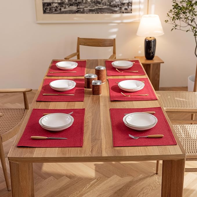Demetex Red Placemats Set of 8 Fade Resistant Linen Placemats Modern Decorative Table Placemat for Holiday Wedding Birthday, 13x19 inch, Wine Red