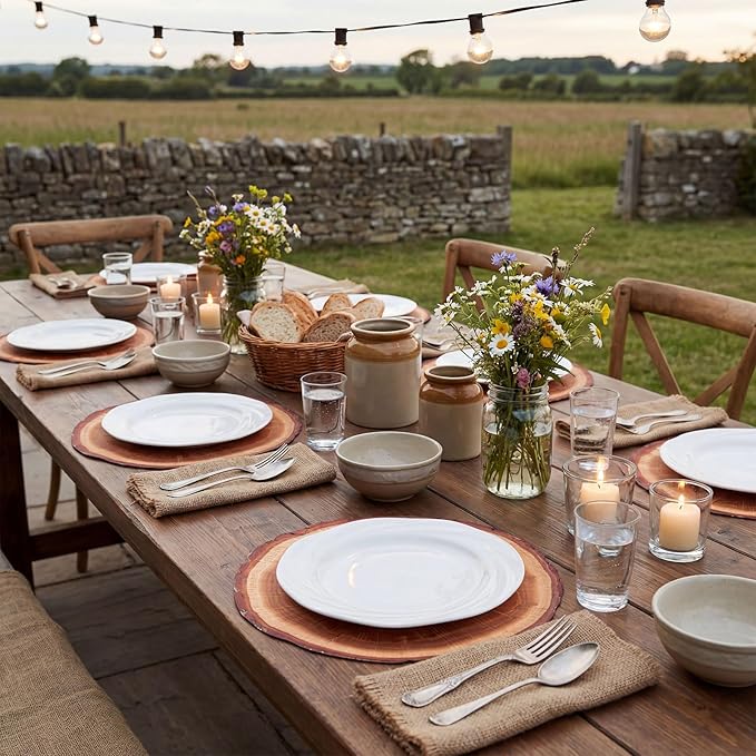 60 Pcs Wooden Slice Paper Placemats, 13.5 Inch Disposable Scalloped Table Mats Rustic Brown Placemat, Round Banquet Place Mats for Table Setting Farmhouse Wedding Banquet Dinner Party Decor