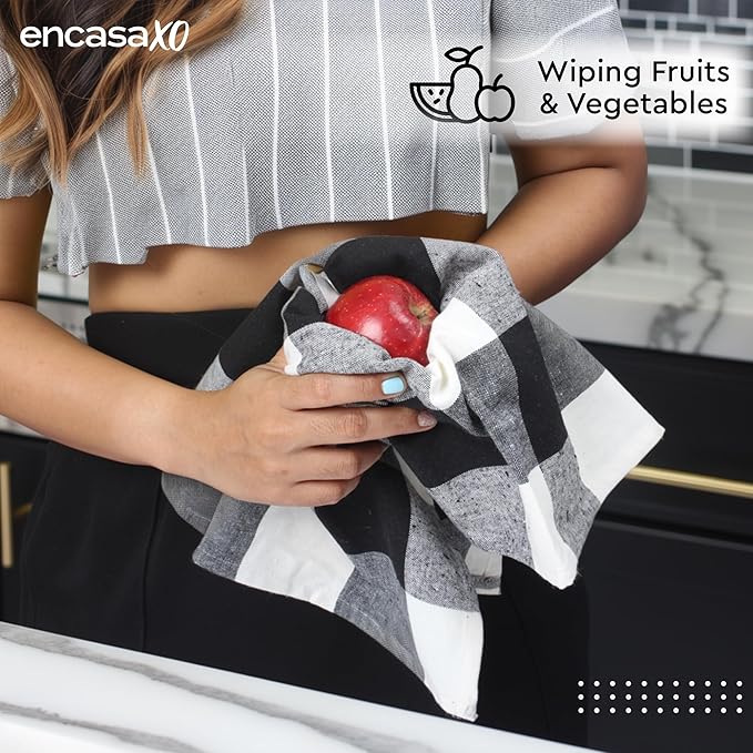 Encasa XO Cotton Kitchen Towel Set | Hand and Tea Cloth for Cleaning & Quick Drying, X-Large 28"x18" (Pack of 4) Highly Absorbent - Buffalo Black Checks