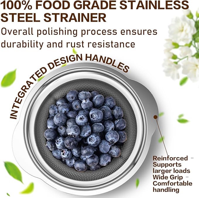 Colander, Strainer Bowl, Stainless Steel Colander, Rice Washing Bowl, Pasta Strainer & Vegetable Washer, Kitchen Strainer with Mixing Bowl for Draining, Food Prep, Dishwasher Safe, 4QT