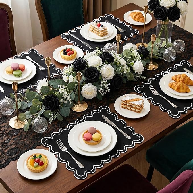 HunnmingRe Set of 6 Cotton Linen Placemats, 13x19 Inch Scalloped Wavy Embroidery Placemat Double Layered Washable Rustic Rectangle Dinner Table Mats for Wedding Home Decor(Black with White)