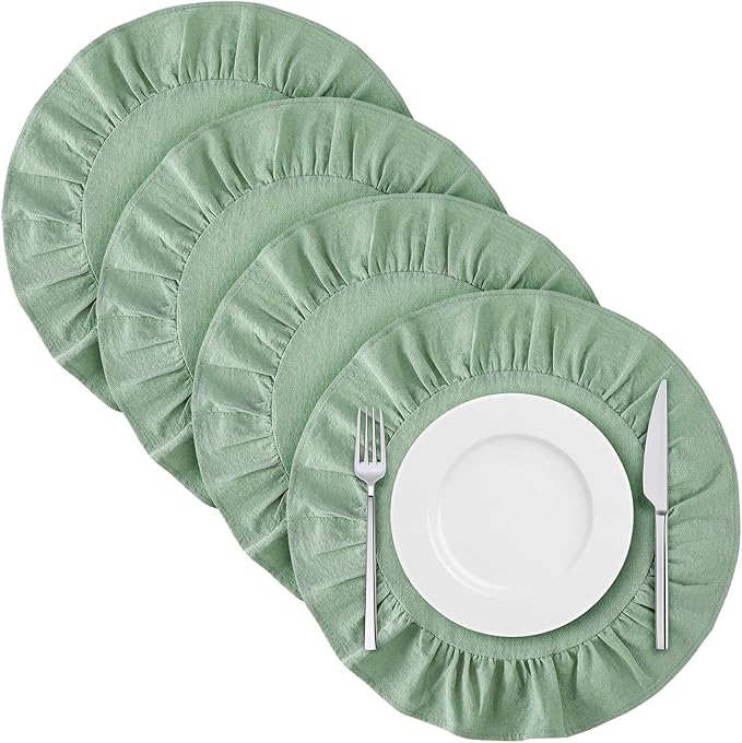4 Pcs 15 Inch 100% Cotton Scalloped Round Placemats, Thin Light Green Place Mats with Ruffle, Washable Placemats Table Mats for Kitchen Dining Holiday Gatherings Decor